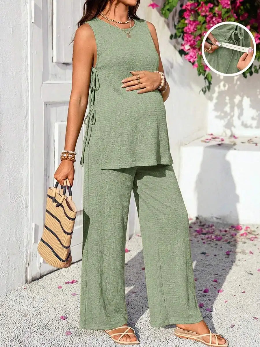 2pcs Solid Color Round Neck Twist Front Top And Adjustable Waist Wide Leg Pants Set