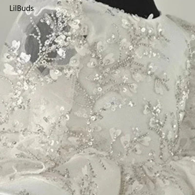 Children's Princess Elegant Dress for Girl Costume New Baby Kid Long Sleeve Silver Grey Handmade Decal Girls Puffy Party Clothes