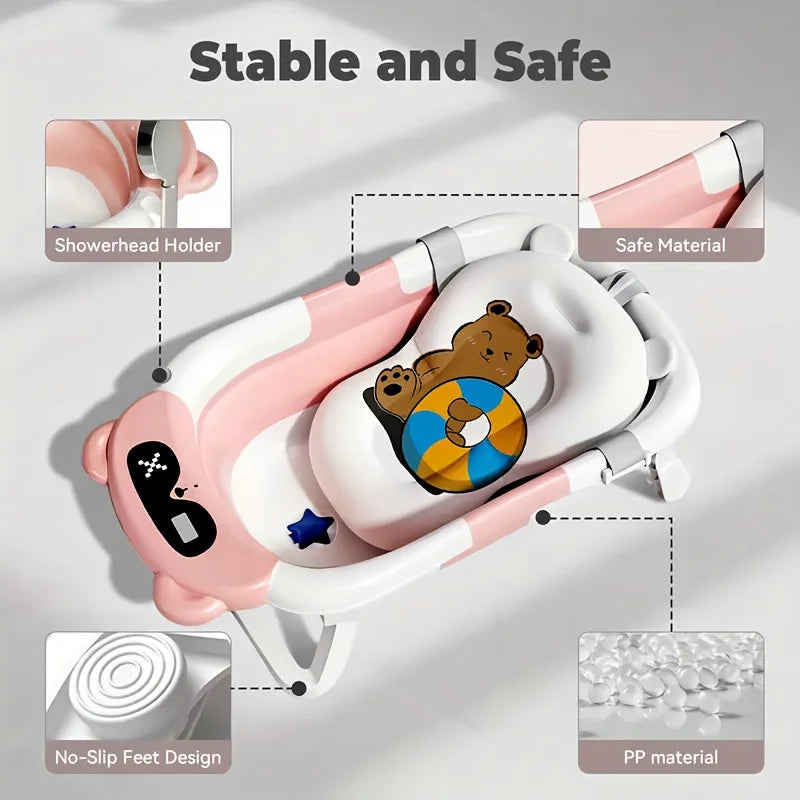 Foldable baby bathtub set with temperature monitor, portable travel foldable baby bathtub, non-slip base, durable design,