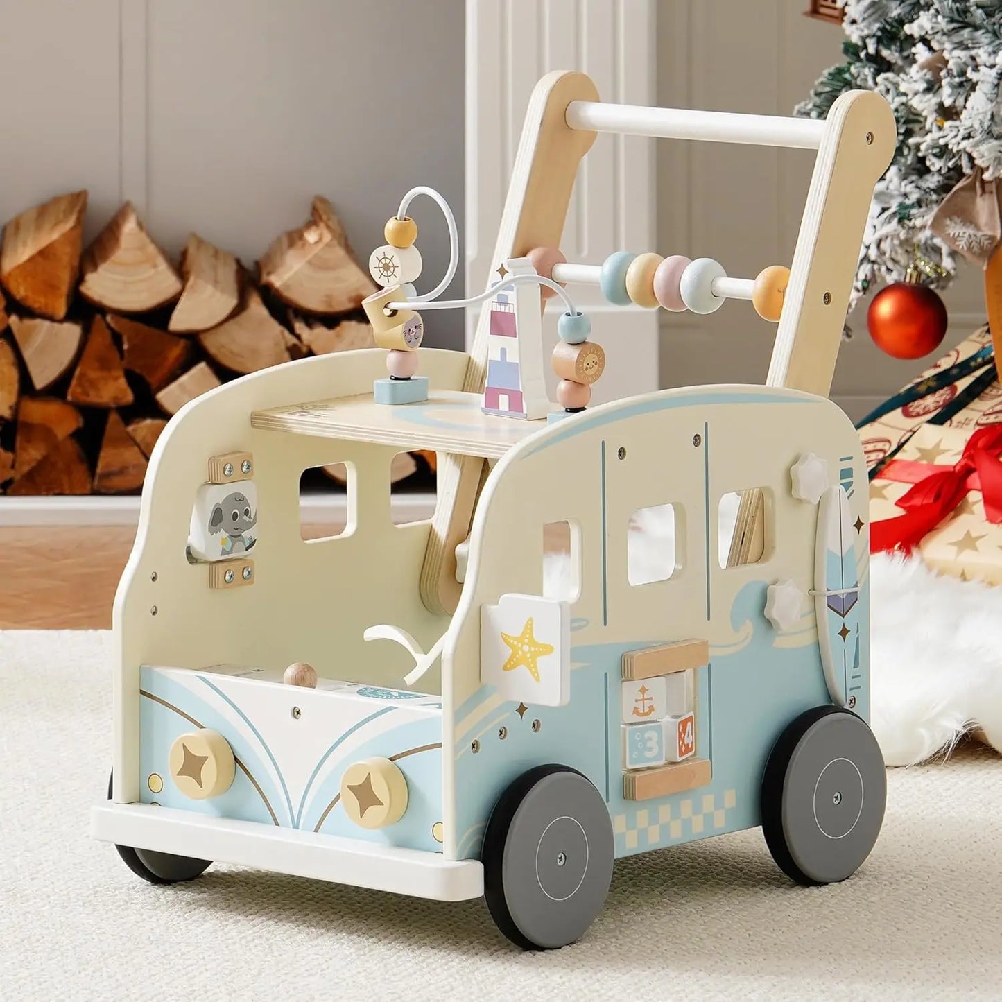 Robotime Robud Wooden Baby Walker Baby Push Along Activity Walkers with Wheels Multifunctional Baby Walker Gift for Boy Grils