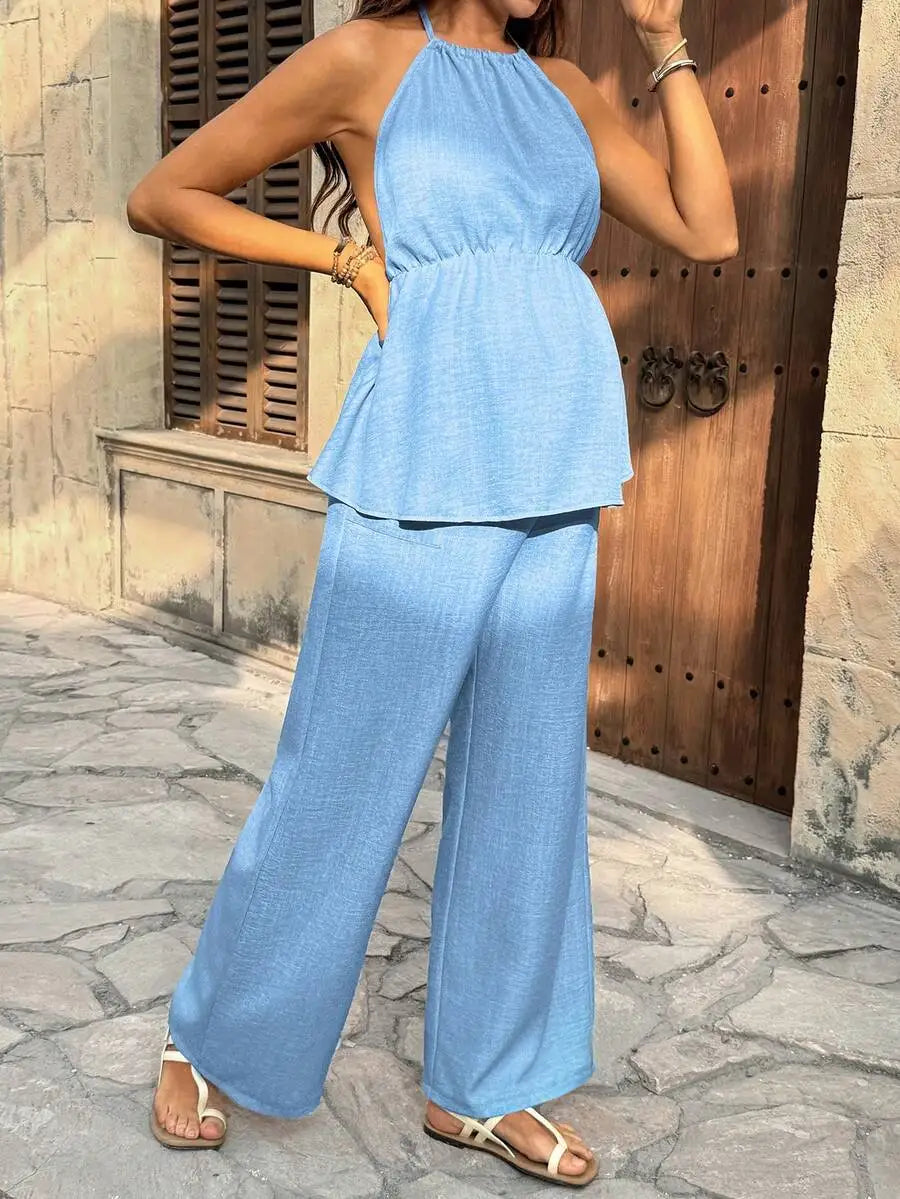 Maternity Two Piece Set Solid Color Halter Top And Adjustable Waist Wide Leg Pants Summer Casual Outfit