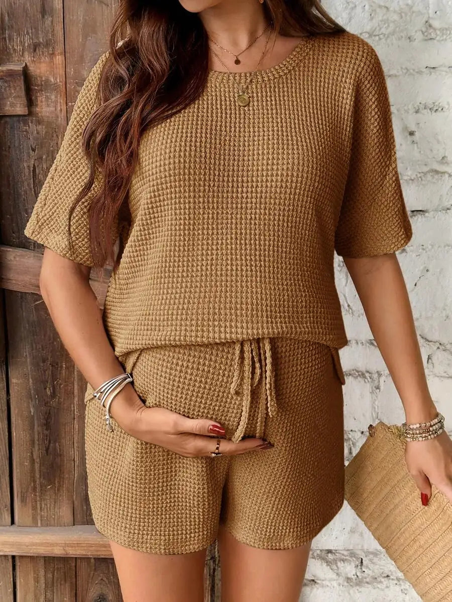 Waffle Knit Maternity Two Piece Set Short Sleeve Top And Shorts Solid Color Summer Casual Outfit