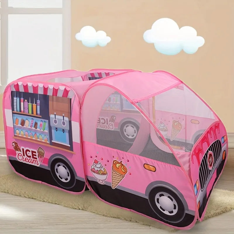 Portable Indoor Outdoor Play Tent for Kids Pink Dessert Truck No Assembly Needed Storage Bag Role Play Imaginative Gifts