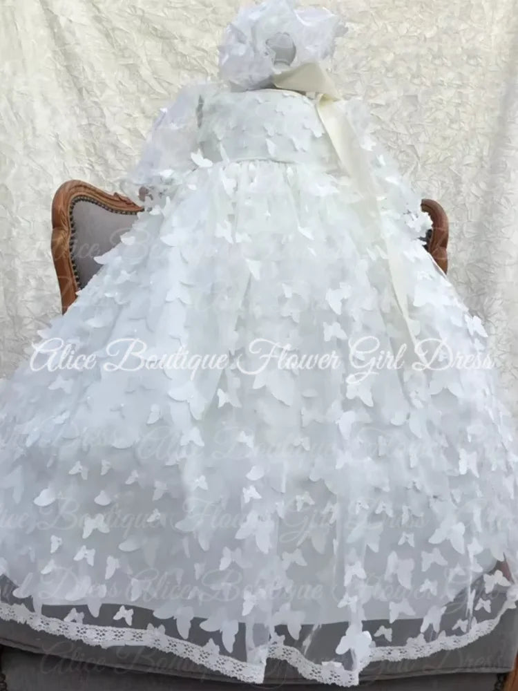 Flower Girl Dresses Butterfully Applique New Born Baby Baptism Gown A-Line Long Sleeves Lovely 3-24 Month Christening Ball Gowns