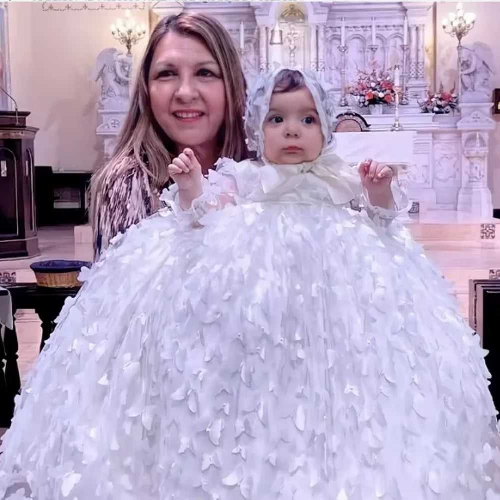 Flower Girl Dresses Butterfully Applique New Born Baby Baptism Gown A-Line Long Sleeves Lovely 3-24 Month Christening Ball Gowns
