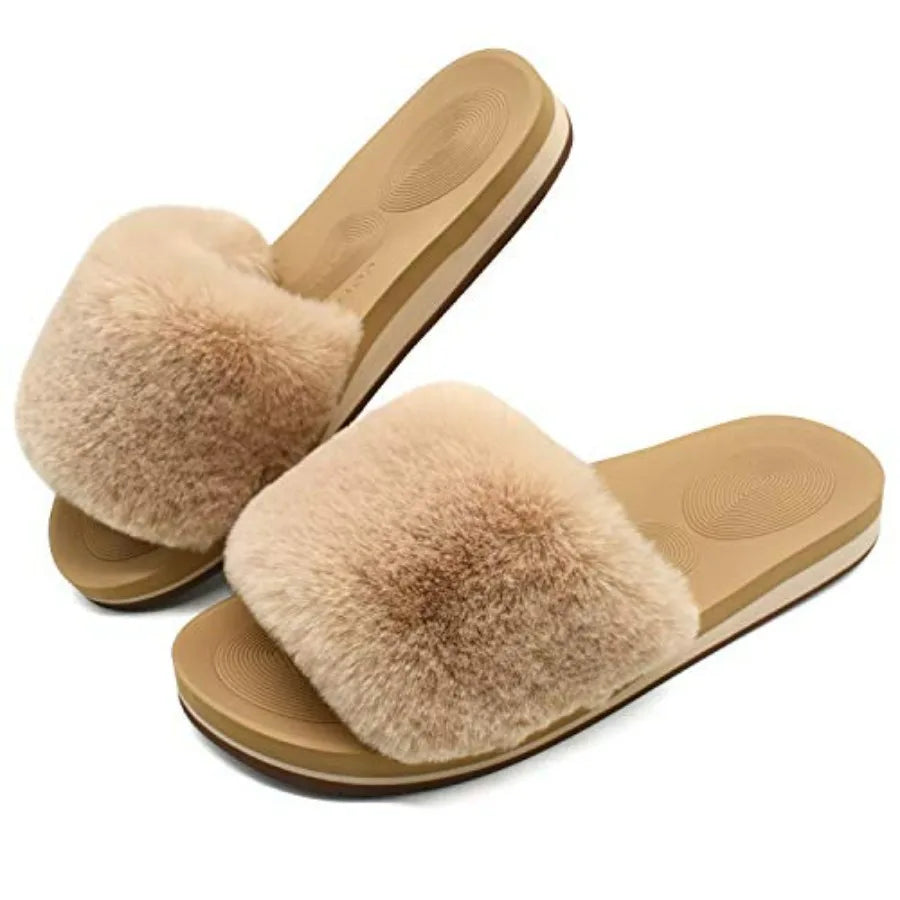 COFACE Fuzzy Womens Slippers with Arch Support Open Toe Orthopedic Fur Slipper Indoor Outdoor