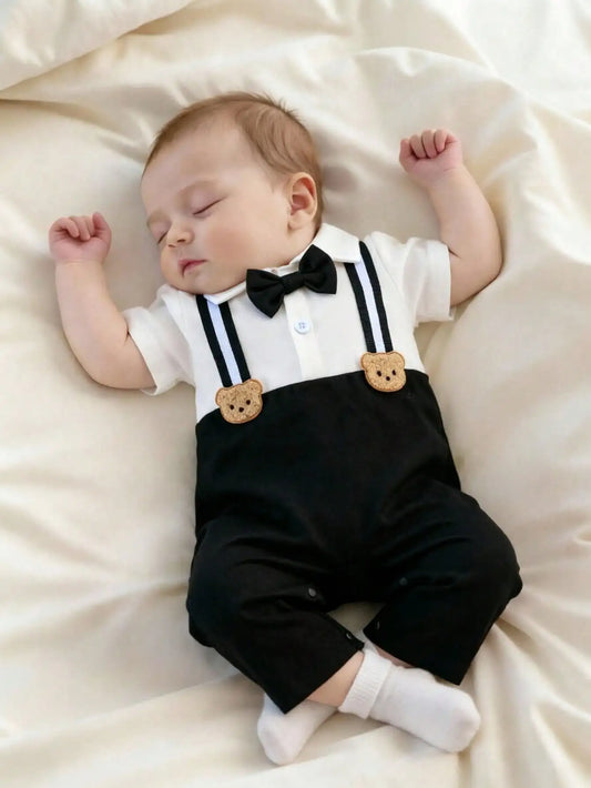 Newborn Baby Boy Romper Black And White With Bear & Bow Tie Decor Formal Christening Baptismal Suit