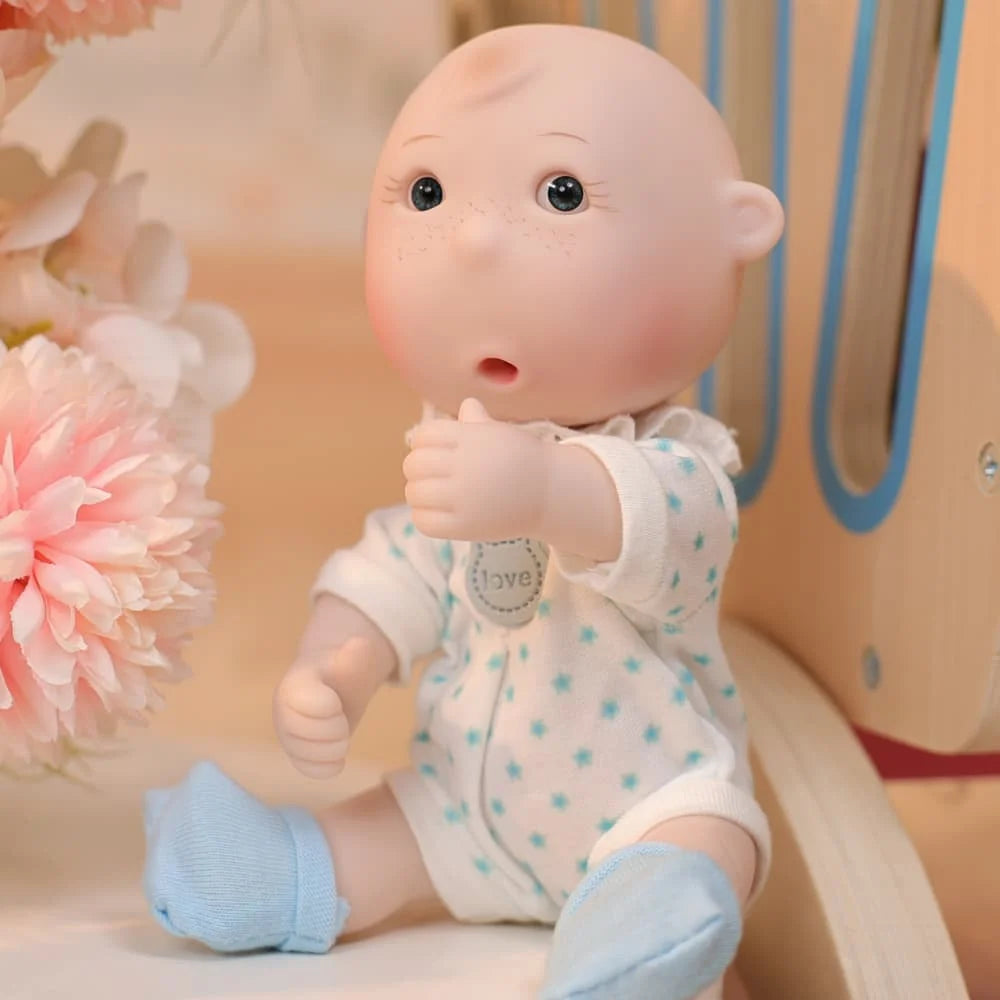 Cloveray Original 7 Inch Cute Soft Vinyl Baby Rebirth Doll Blue Polka Dot Jumpsuit Washable Baby Birthday Toy