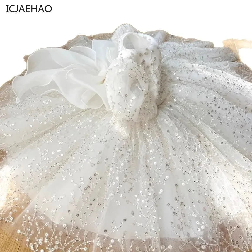 Girl's White Wedding Party Princess Sequins Dresses Kids VestidosTutu Dress, Elegant Princess Dress for Flower Girl Birthday