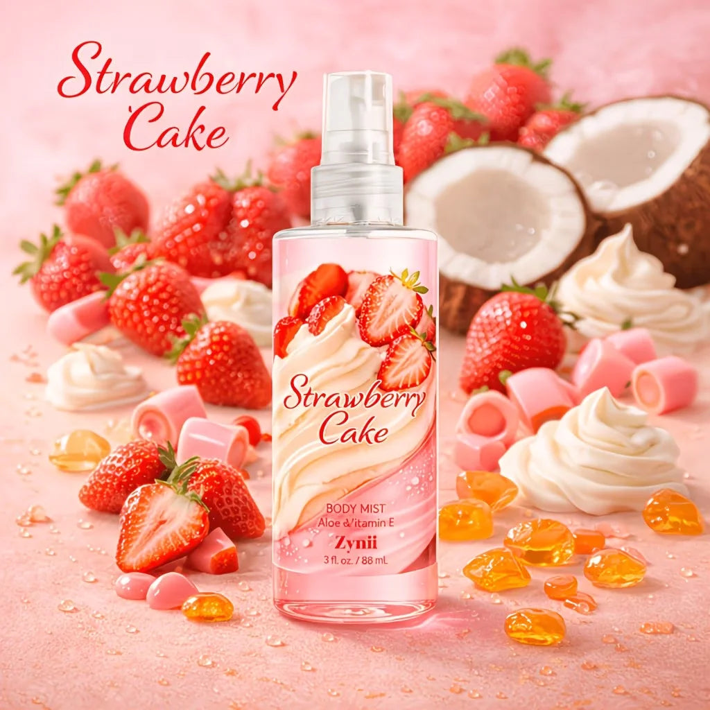 Strawberry Cake, Peach And Rose Bath Set - 88ml Shower Gel, Lotion And Body Mist, Fresh Moisturizing Gift for Her
