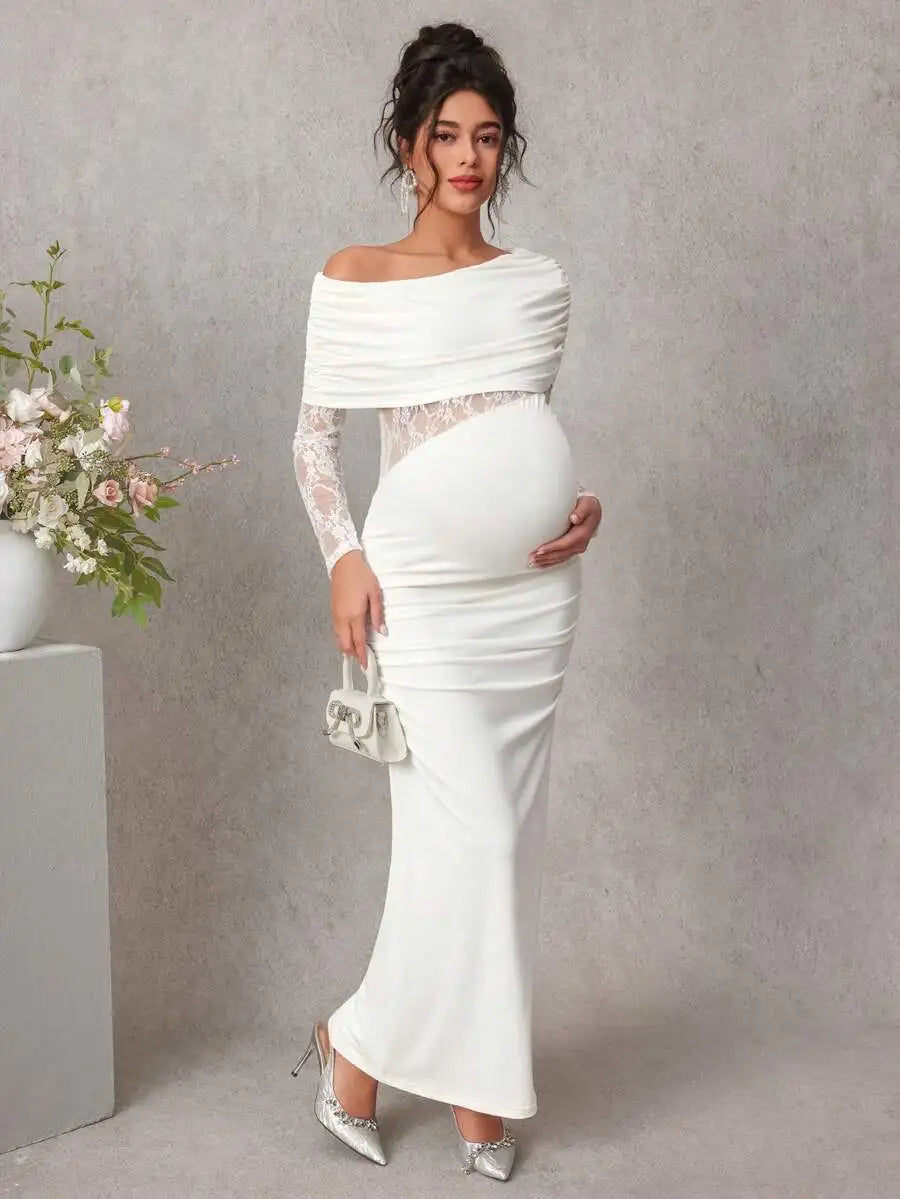 Maternity Lace Patchwork White Long Sleeve Fitted Dress For Pregnant Women Spring Autumn