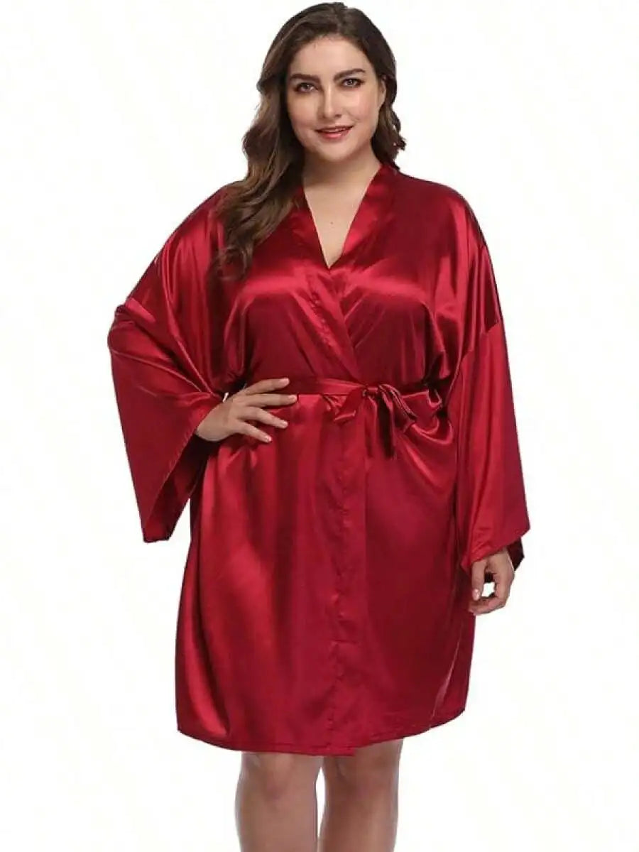 Women Plus Size Short Satin Kimono Robe Sleepwear Silky Dressing Gown