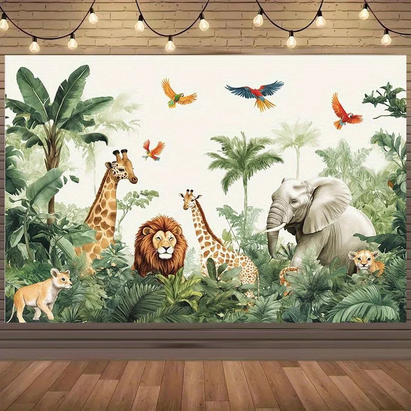 Jungle Safari Animal Tapestry Wall Hanging Tropical Forest Decor Canvas Print Realistic Giraffe Lion Elephant Nursery Room