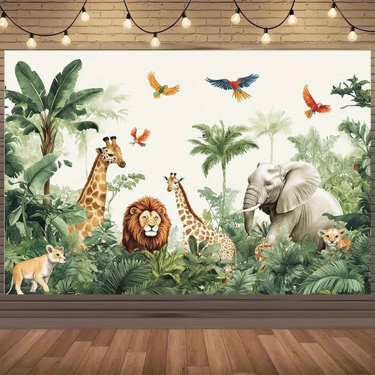 Jungle Safari Animal Tapestry Wall Hanging Tropical Forest Decor Canvas Print Realistic Giraffe Lion Elephant Nursery Room