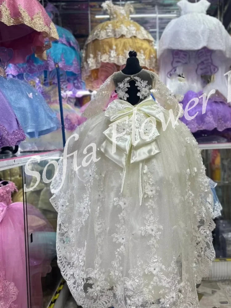 Ivory Customized Kids Birthday Dress Lace Appliques Long Sleeves Flower Girl Dress for Wedding Party Girls First Communion Gowns