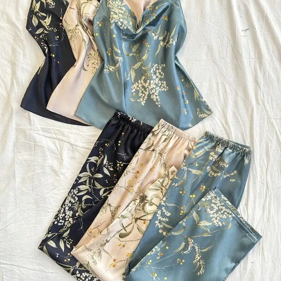 Floral Print Silk Pajama Set With Cowl Neck And Elastic Waist Pants