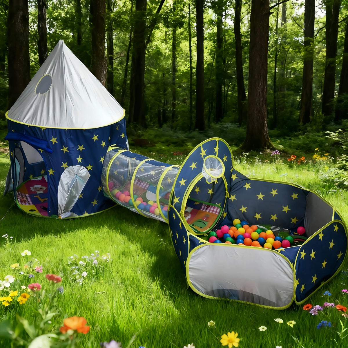 3 in 1 Kids Tent House Portable Castle Play Toy with Tunnel & Ocean Ball Pool child Pit Foldable Indoor Outdoor Baby Playhouse
