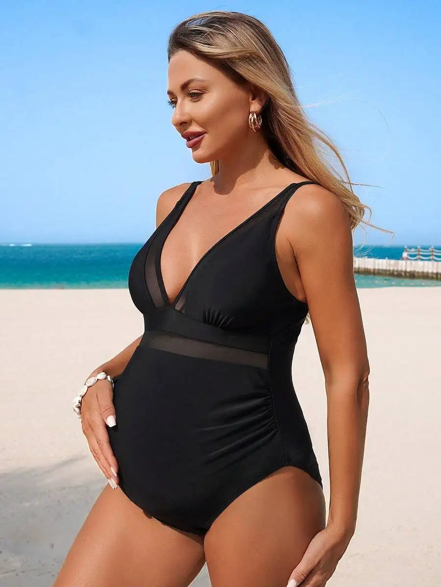 Maternity Solid Mesh Patchwork Deep V-Neck One-Piece Swimsuit