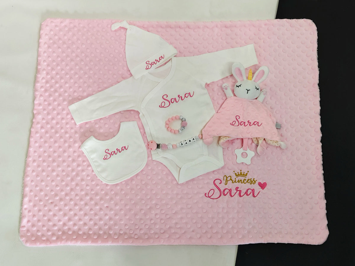 Personalized 6PCS Baby Birthday Gifts Set for Newborn Boy and Girl Custom Baby Security Blanket Onesie Bib Beanie Pacifier Clip
