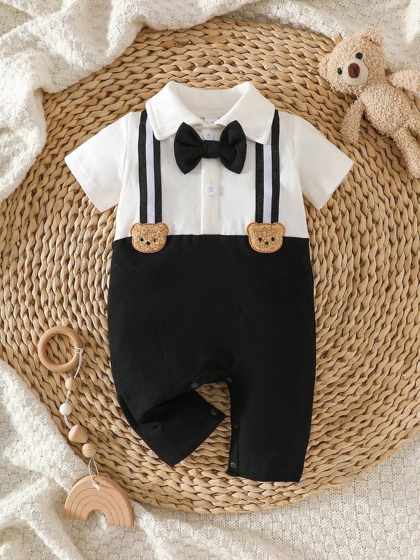 Newborn Baby Boy Romper Black And White With Bear & Bow Tie Decor Formal Christening Baptismal Suit