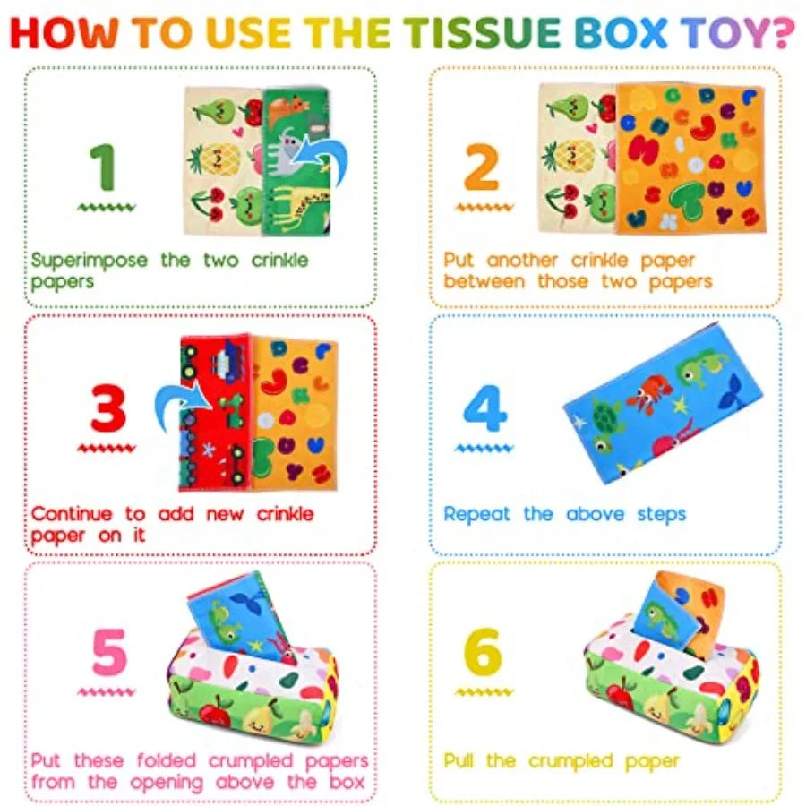 Baby Toys 6 to 12 Months - Tissue Box Toy Montessori for Babies 6-12 Months, Soft Stuffed High Contrast Crinkle Infant Sensory