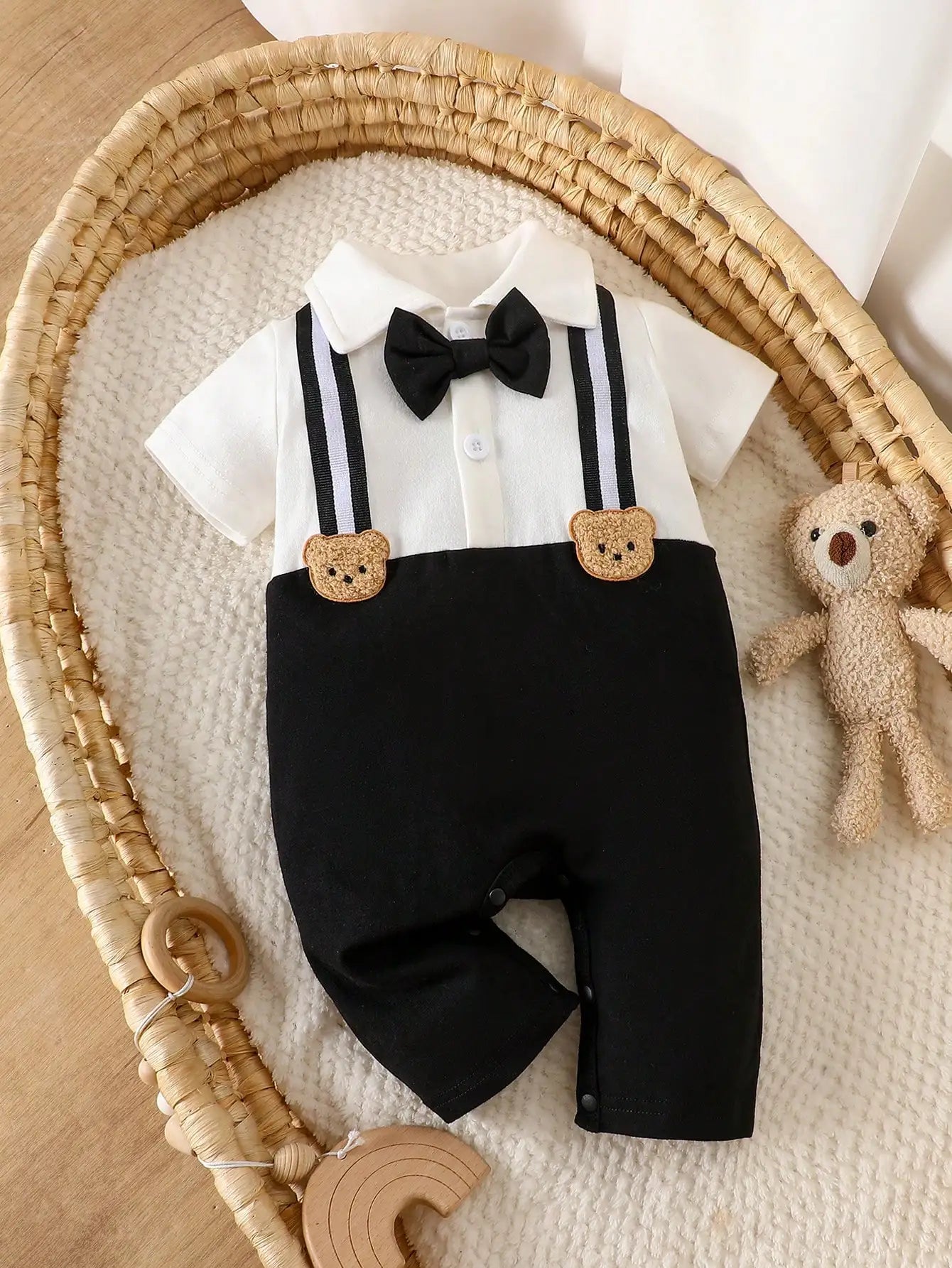 Newborn Baby Boy Romper Black And White With Bear & Bow Tie Decor Formal Christening Baptismal Suit