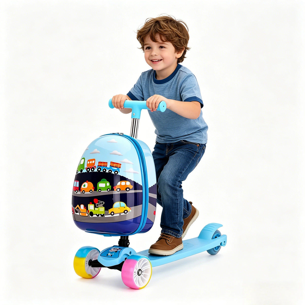Scooter Suitcase Folding Kids Luggage 16 Inch Hardshell Ride On with Wheels 2-in-1 Large Capacity Traveling Gift for Boys Girls