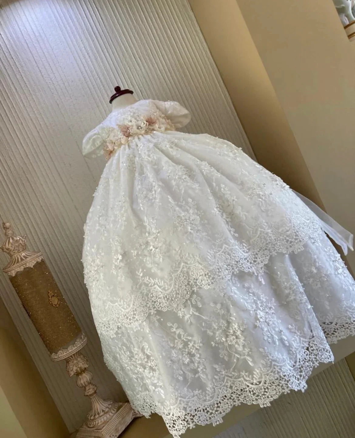 Lace Pearls Baptism Christening Gown Outfit Baby Girls Party Birthday Gown Wedding Flower Girl Dress