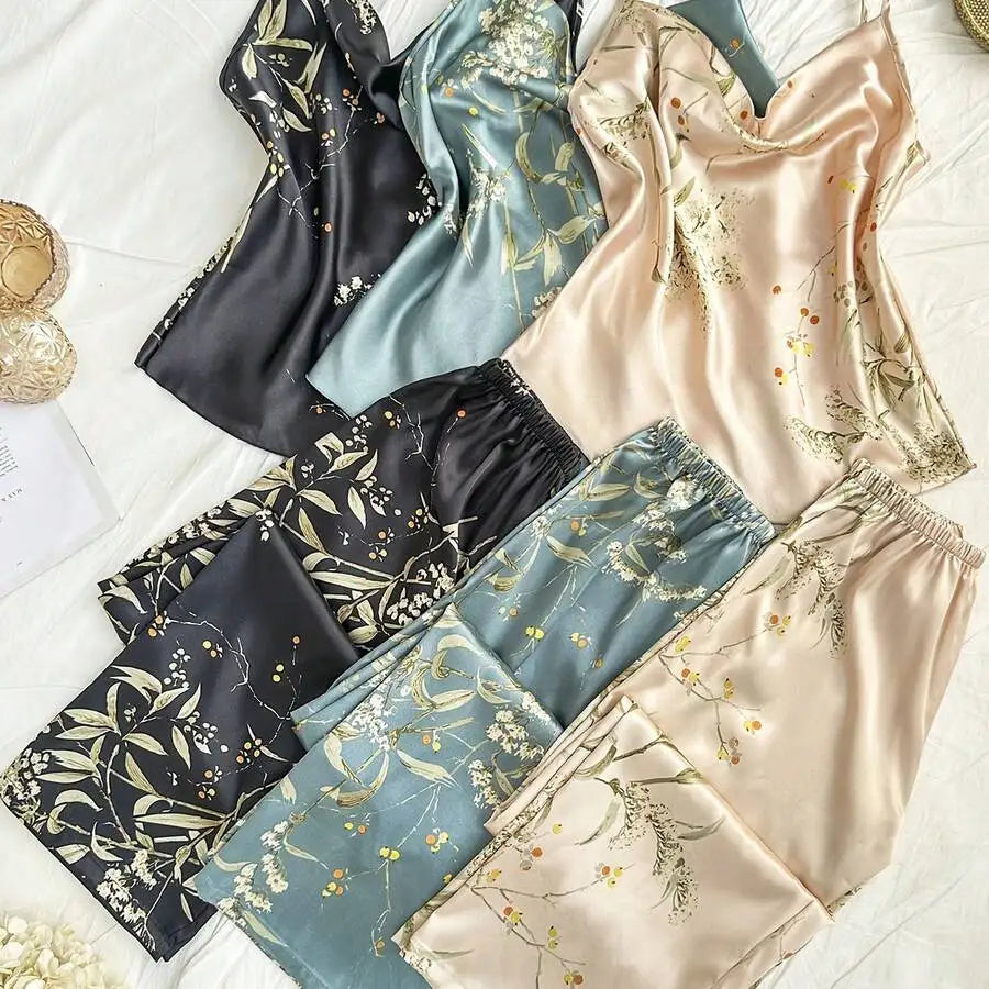 Floral Print Silk Pajama Set With Cowl Neck And Elastic Waist Pants