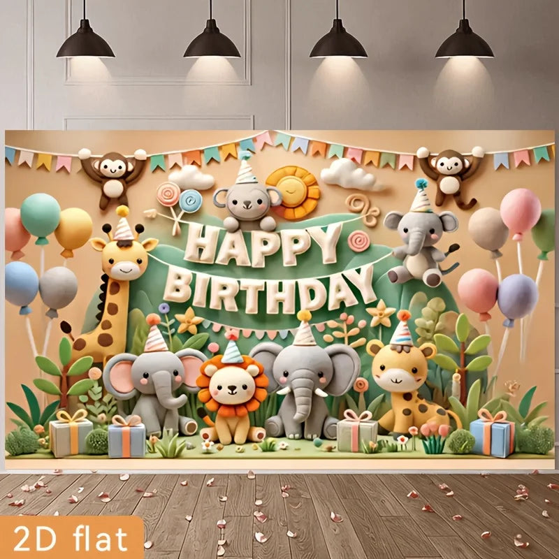 2D Flat,Cute Jungle Animals Happy Birthday Banner Balloon Gift Box Cartoon Tapestry Kids Party Decor Playful Nursery Wall Art