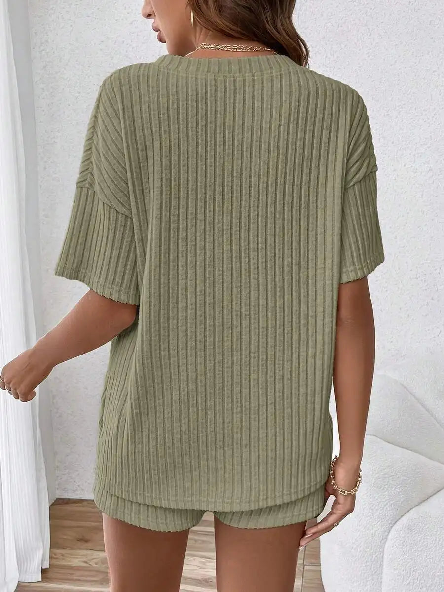 Casual V-Neck Short Sleeve Ribbed Maternity Top And Shorts Set Adjustable Waist