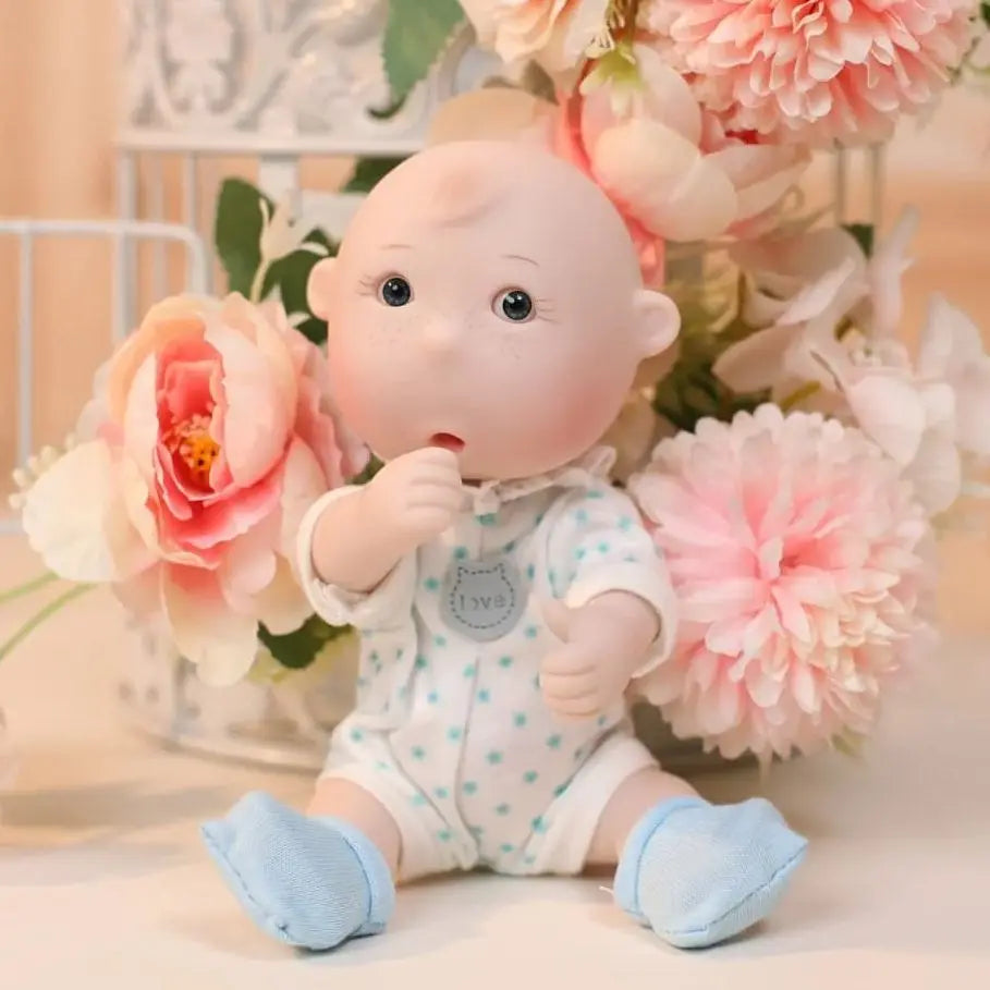 Cloveray Original 7 Inch Cute Soft Vinyl Baby Rebirth Doll Blue Polka Dot Jumpsuit Washable Baby Birthday Toy