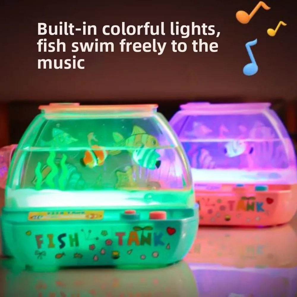 Gift Creative Artificial Aquarium Cartoon with Music and Light LED Light Up Tank Lovely Funny Mini Simulation Fish Tank Desktop