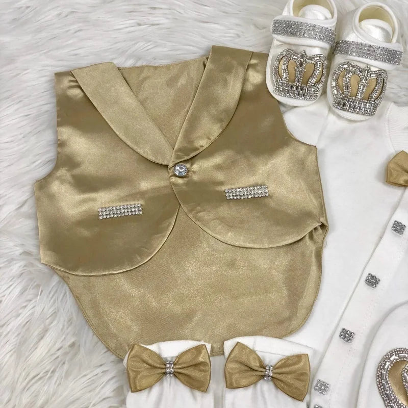 Baby Christening Baptism Prince Suit Newborn 0-9 Months 5Pcs White Antique Gold Satin Vest Crown Bow Formal Luxury Baby Outfit