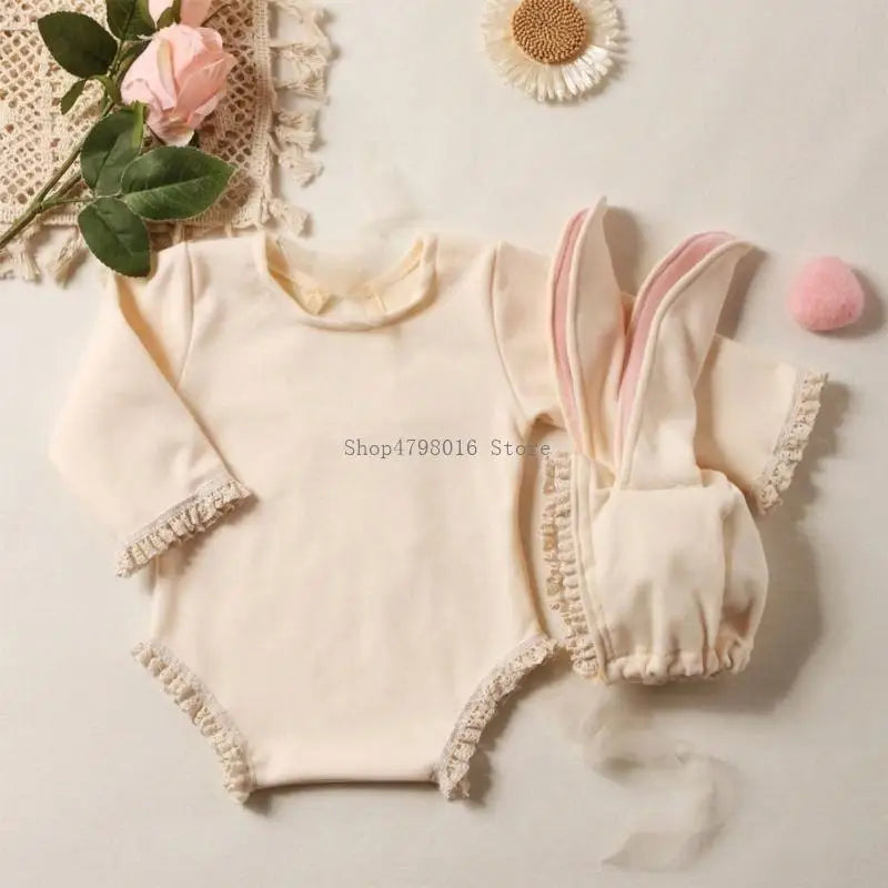 Baby Rabbit Ears Photography Outfit Rabbit Hat Bodysuit Set for Newborn Photo