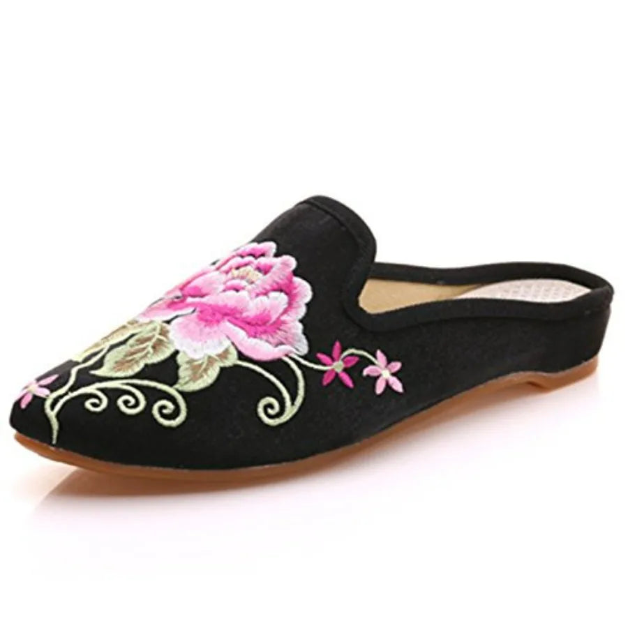 Home Women's Chinese Floral Peony Embroidery Pointed-Toe Comfortable Satin Casual Mules House Pumps Slippers Shoes