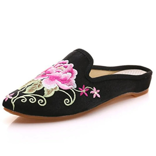 Home Women's Chinese Floral Peony Embroidery Pointed-Toe Comfortable Satin Casual Mules House Pumps Slippers Shoes