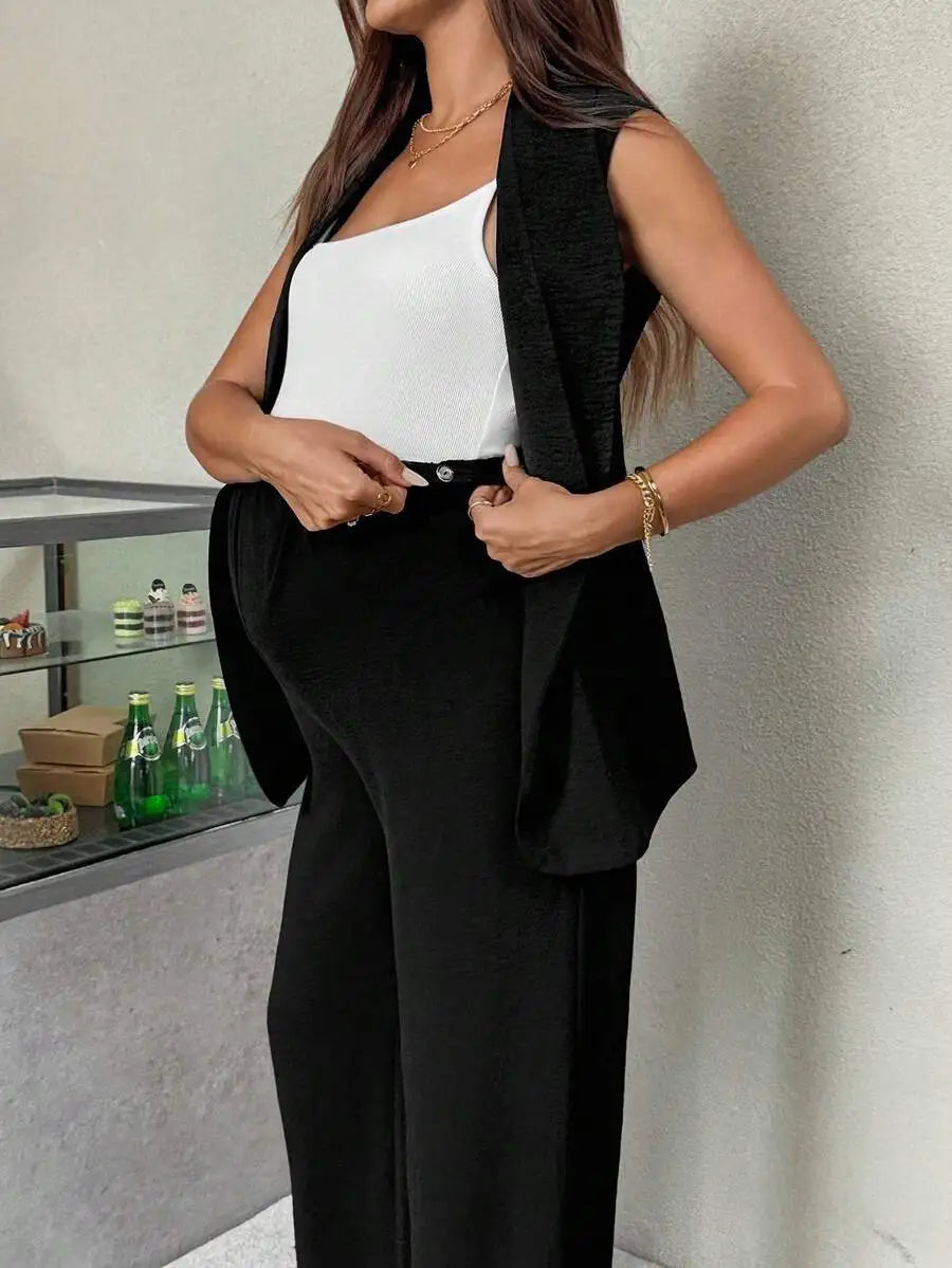 Solid Color Belted Vest Blazer And Wide Leg Pants Two Piece Set Maternity Business Casual Outfit