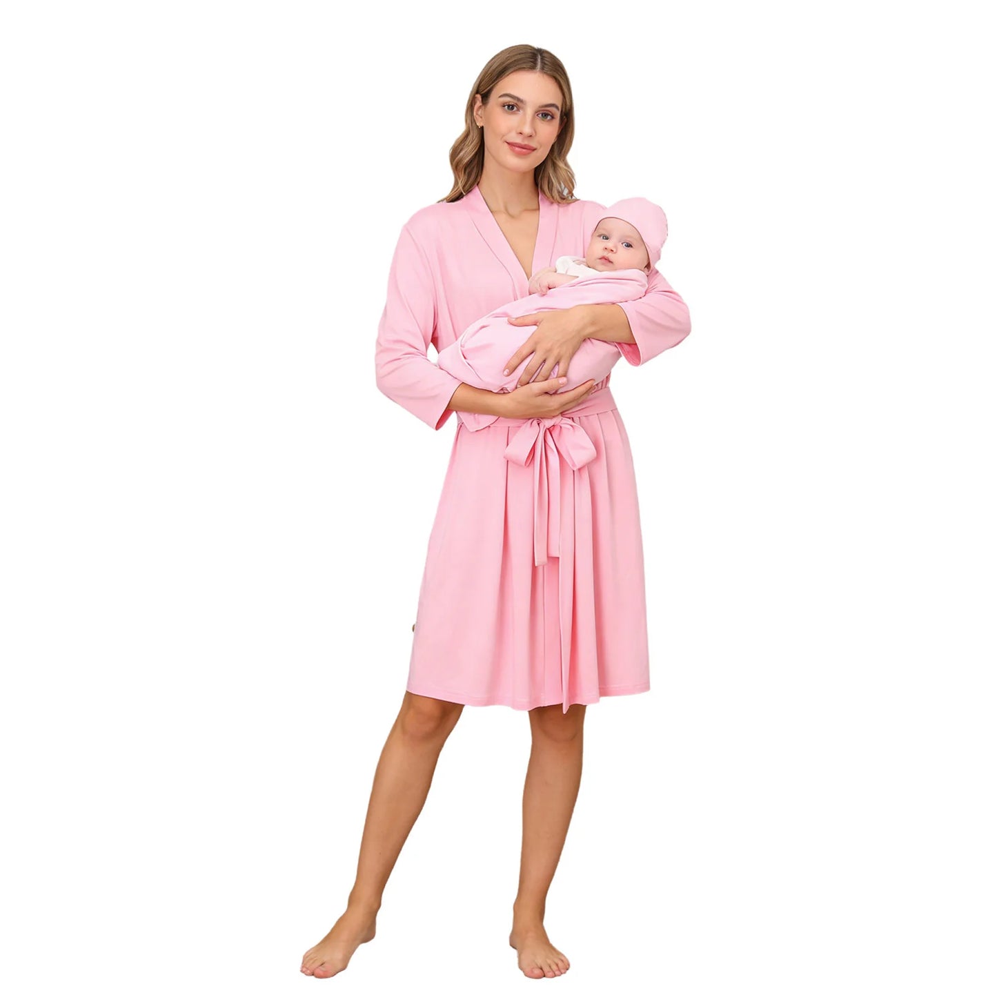Maternity Robe And Baby Receiving Blanket Long Sleeve Belted Mommy Labor Delivery Robe with Swaddle Headband Set Hospital Outfit