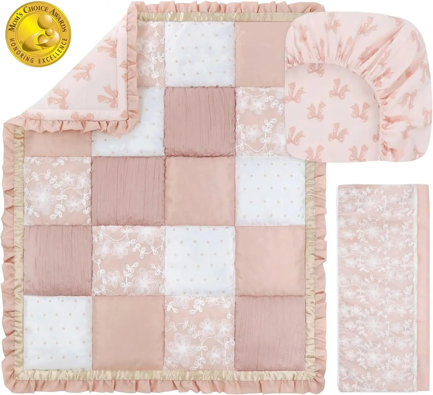 3 Piece Baby Crib Bedding Set for Girls - Cotton Fitted Sheet, Dust Ruffle, Comforter - Pink Floral Nursery Decor, Newborn to Toddler