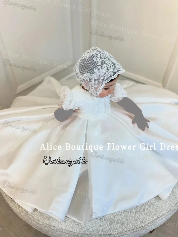 White Lace Satin Baby Girls Christening Ball Gowns Dresses Newborn Baby Baptism Clothes Princess Lace 1st Year Birthday Dress