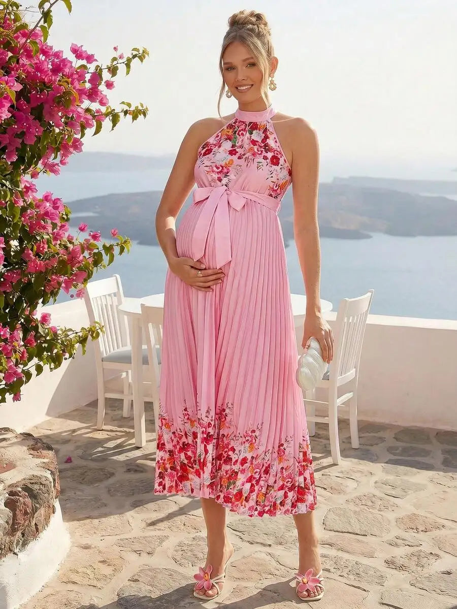 Elegant Floral Print Halter Pleated Maternity Dress For Summer