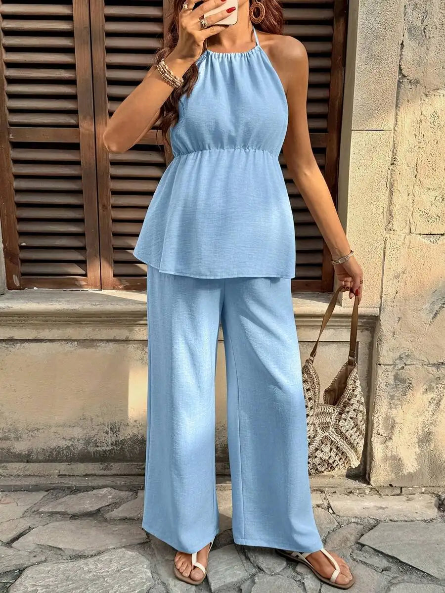 Maternity Two Piece Set Solid Color Halter Top And Adjustable Waist Wide Leg Pants Summer Casual Outfit