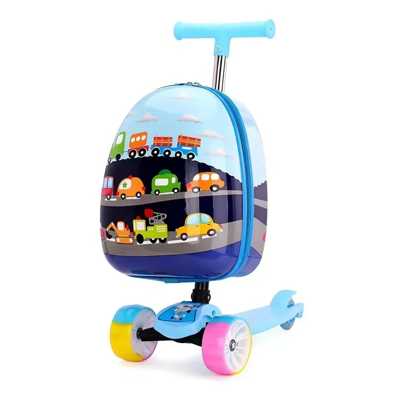 Scooter Suitcase Folding Kids Luggage 16 Inch Hardshell Ride On with Wheels 2-in-1 Large Capacity Traveling Gift for Boys Girls