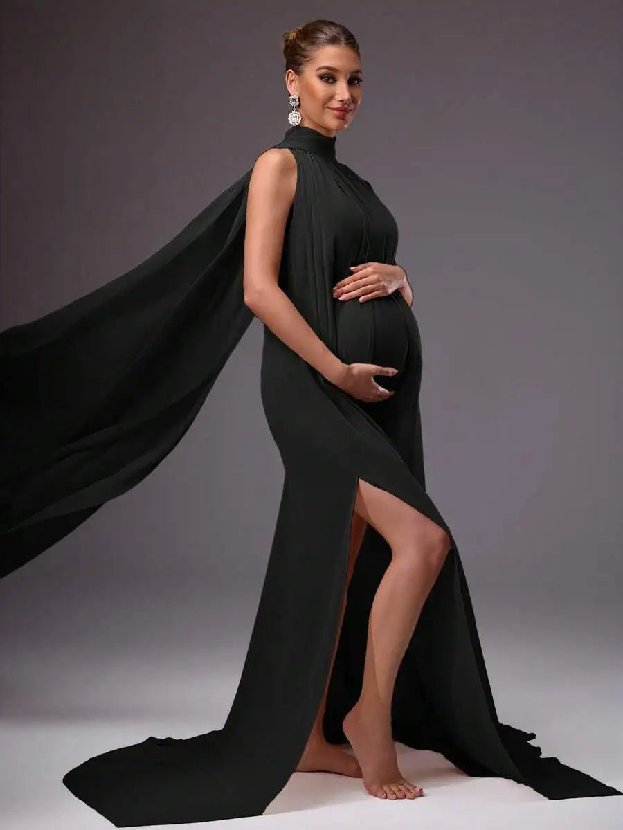 Elegant Maternity Dress Solid Color Chiffon High Neck Slit Gown For Photoshoot Baby Shower