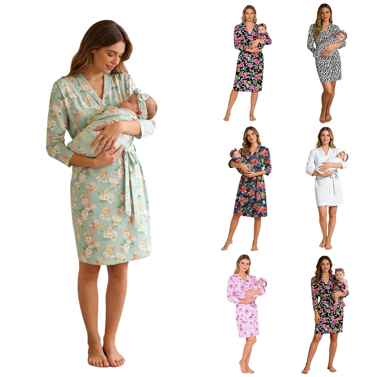 Maternity Robe And Baby Receiving Blanket Long Sleeve Belted Mommy Labor Delivery Robe with Swaddle Headband Set Hospital Outfit