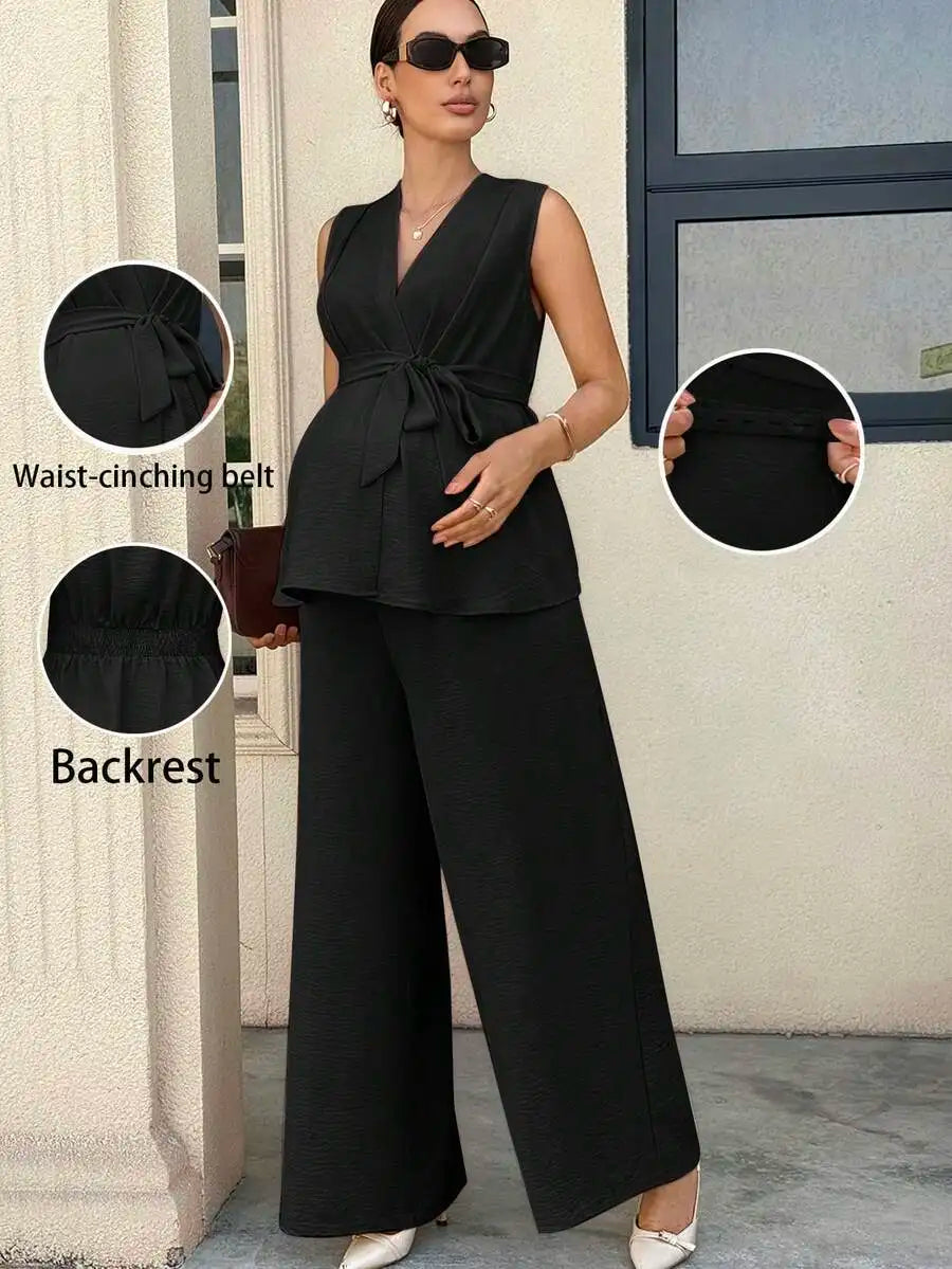 Maternity Two Piece Set Sleeveless Top With Belt And Wide Leg Pants Summer Elegant Outfit