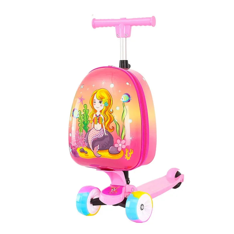 Scooter Suitcase Folding Kids Luggage 16 Inch Hardshell Ride On with Wheels 2-in-1 Large Capacity Traveling Gift for Boys Girls