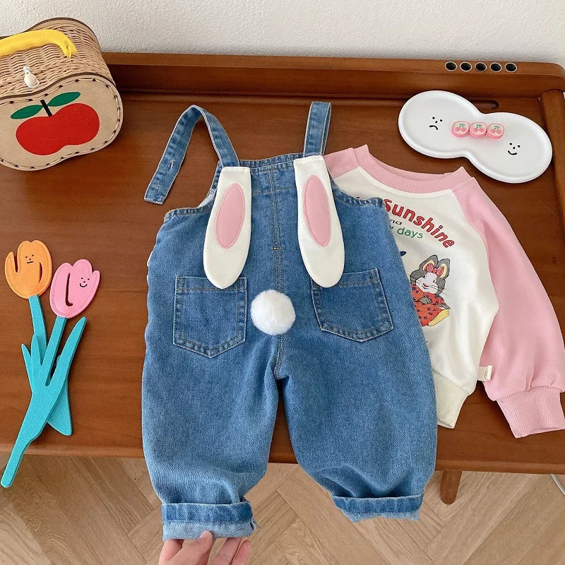Cute Kids Girls Overalls 0-6Years Children Bunny Ear Ball Loose Denim Jumpsuit Suspender Pant Jeans Outwear Autumn Clothes