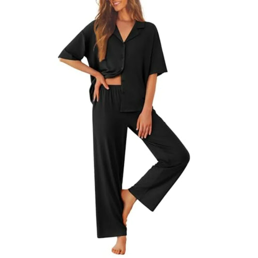Women Pajamas Set Button Down Sleepwear Short Sleeve Pjs Soft Comfy Nightwear with Long Pants S-XXL